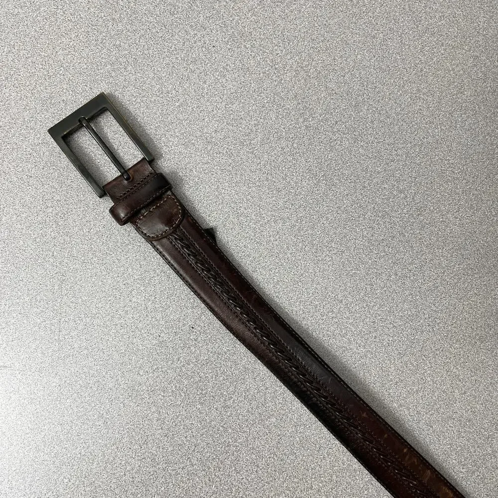 Mezlan Mens Leather Belt Size M Brown Woven Stripe Gunmetal Buckle 1.25in *